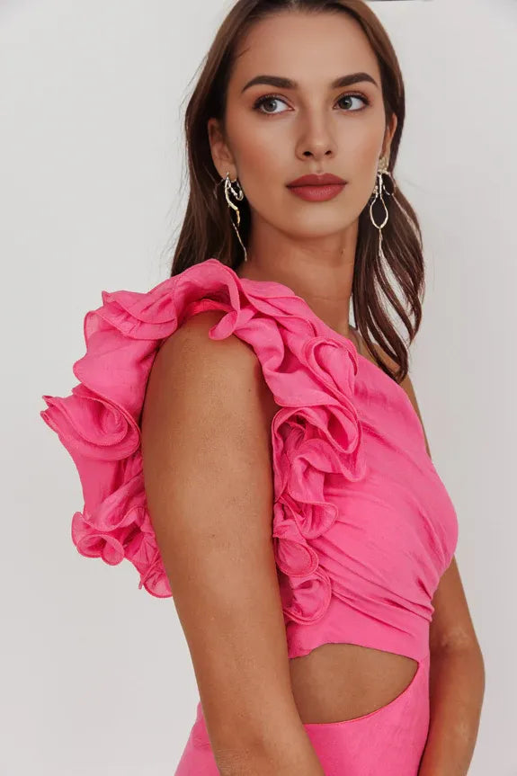 Casual One-Shoulder Ruffle Cut-out Hot Pink Maxi Evening Dress Prom Dress
