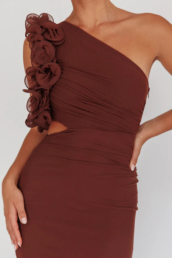 Casual One-Shoulder Ruffle Cutout Brown Maxi Homecoming Dress Prom Dress