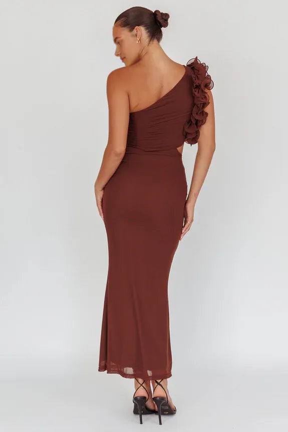Casual One-Shoulder Ruffle Cutout Brown Maxi Homecoming Dress Prom Dress