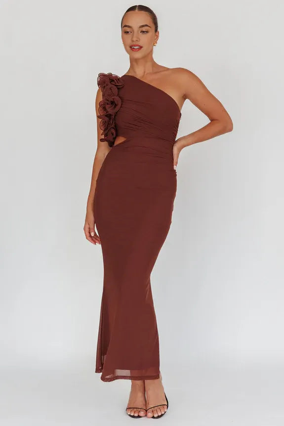 Casual One-Shoulder Ruffle Cutout Brown Maxi Homecoming Dress Prom Dress