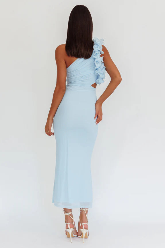 Casual One-Shoulder Ruffle Cutout Light Blue Maxi Homecoming Dress Prom Dress