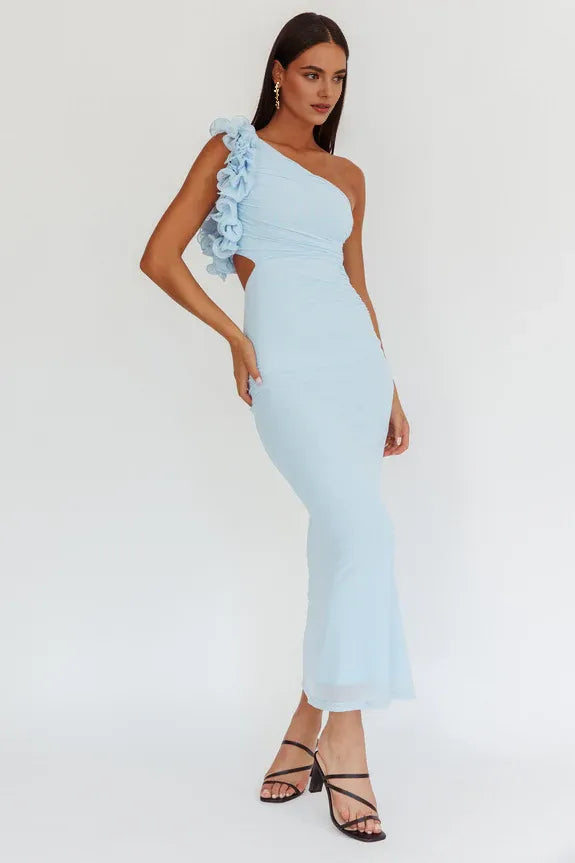 Casual One-Shoulder Ruffle Cutout Light Blue Maxi Homecoming Dress Prom Dress