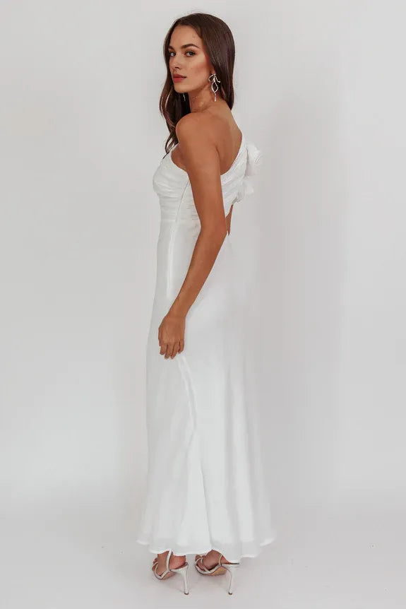 Casual One-Shoulder Ruffle Cutout White Maxi Evening Dress For Women