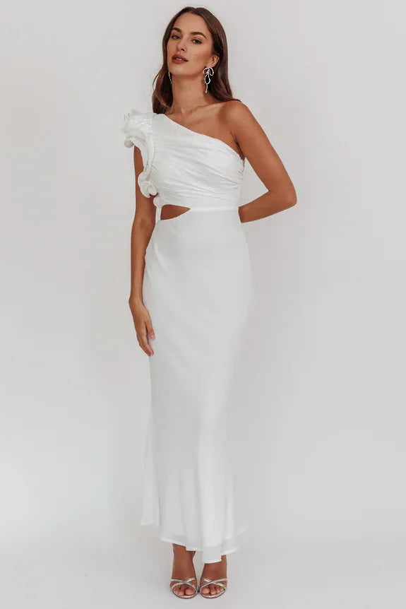 Casual One-Shoulder Ruffle Cutout White Maxi Evening Dress For Women