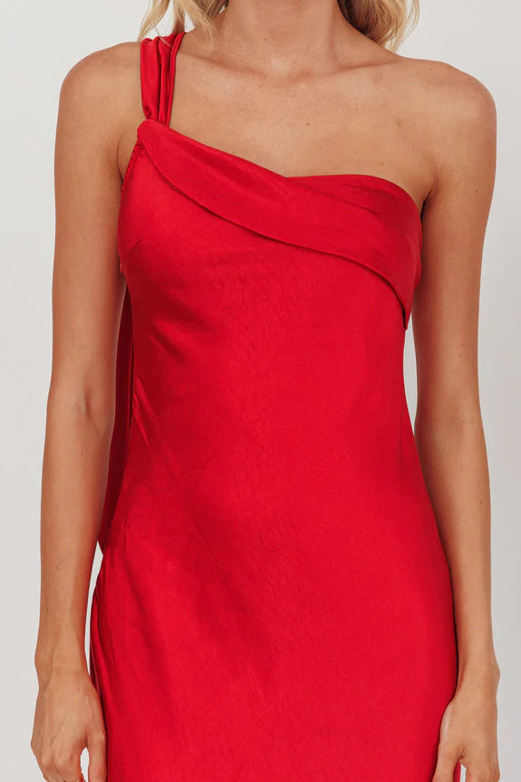 Casual One-Shoulder Ruffle Satin Cherry Maxi Homecoming Dress Prom Dress