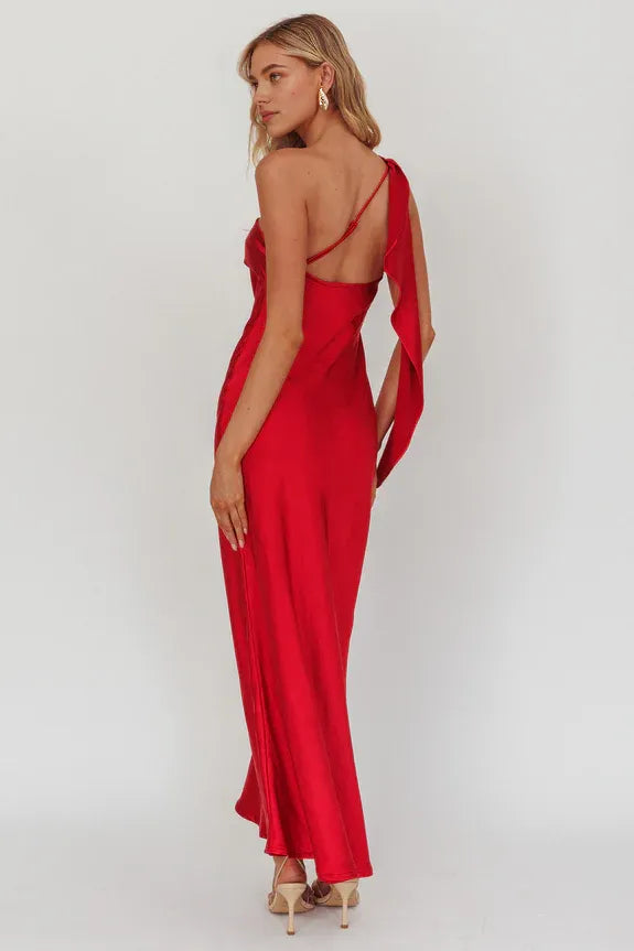 Casual One-Shoulder Ruffle Satin Cherry Maxi Homecoming Dress Prom Dress