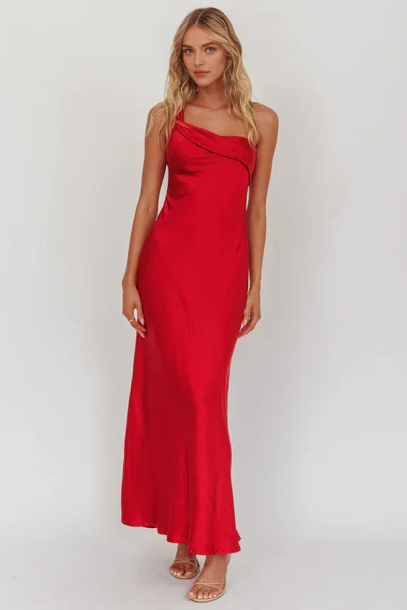 Casual One-Shoulder Ruffle Satin Cherry Maxi Homecoming Dress Prom Dress