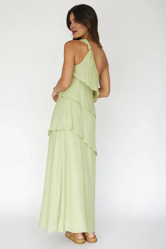 Casual One-Shoulder Ruffle Tiered Sage Maxi Evening Dress For Women