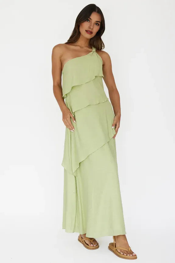 Casual One-Shoulder Ruffle Tiered Sage Maxi Evening Dress For Women