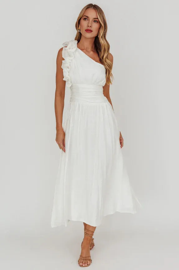 Casual One-Shoulder Ruffle Tight White Maxi Evening Dress For Women