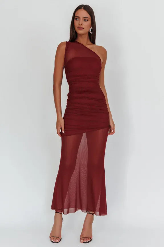 Casual One-Shoulder Sheer Mesh Wine Maxi Homecoming Dress Prom Dress