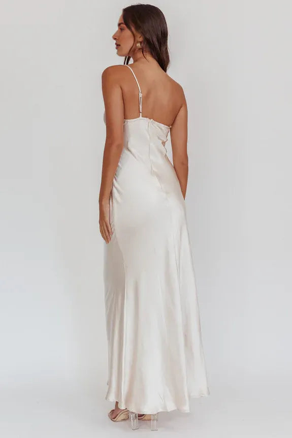 Casual One-Shoulder Strap Ruched Satin Champagne Maxi Evening Dress For Women