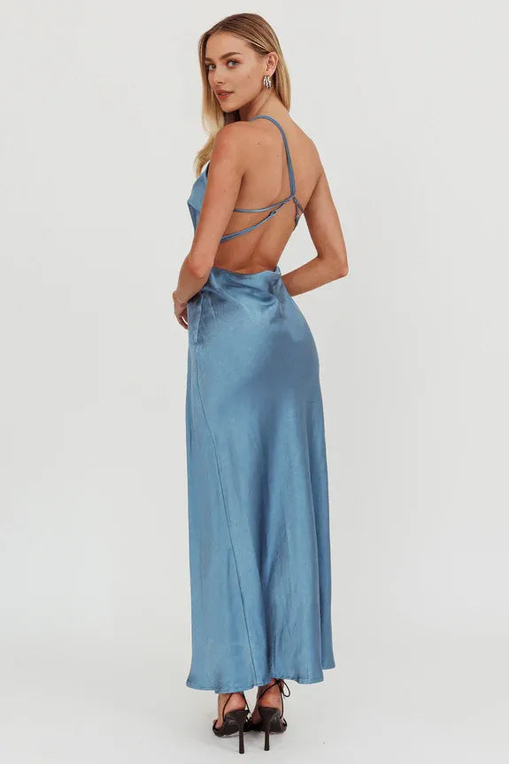 Casual One-Shoulder Strappy Back Midnight Blue Maxi Homecoming  Dress Prom Dress