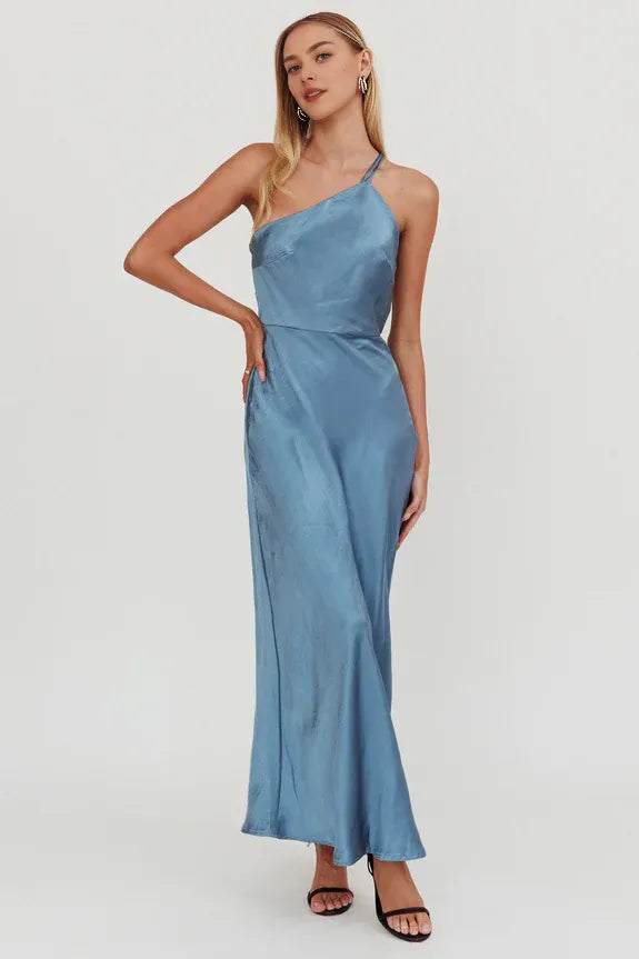 Casual One-Shoulder Strappy Back Midnight Blue Maxi Homecoming  Dress Prom Dress