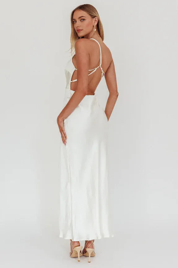Casual One-Shoulder Strappy Back White Maxi Homecoming  Dress Prom Dress