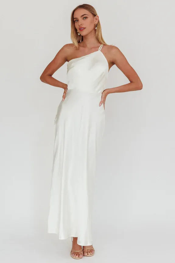 Casual One-Shoulder Strappy Back White Maxi Homecoming  Dress Prom Dress