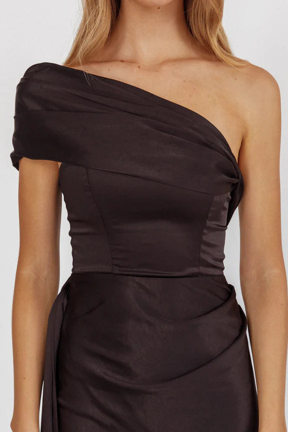 Casual One-Shoulder Waist Sash Black Tea-Length Prom Dress With Streamer