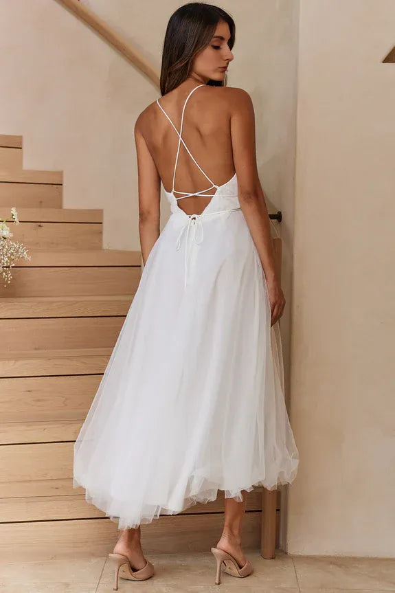 Casual Plunging Neckline Tie Mesh Navy Midi Evening Dress Party Dress