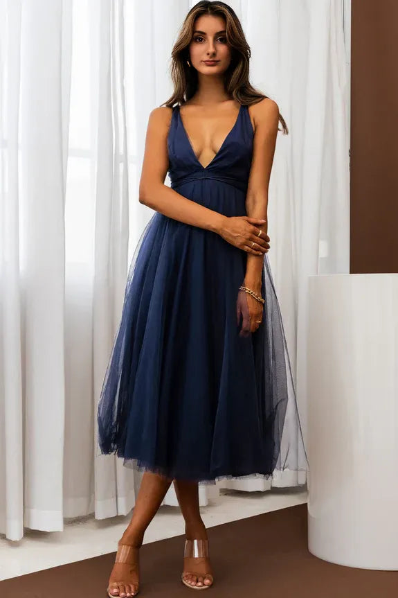 Casual Plunging Neckline Tie Mesh Navy Midi Evening Dress Party Dress