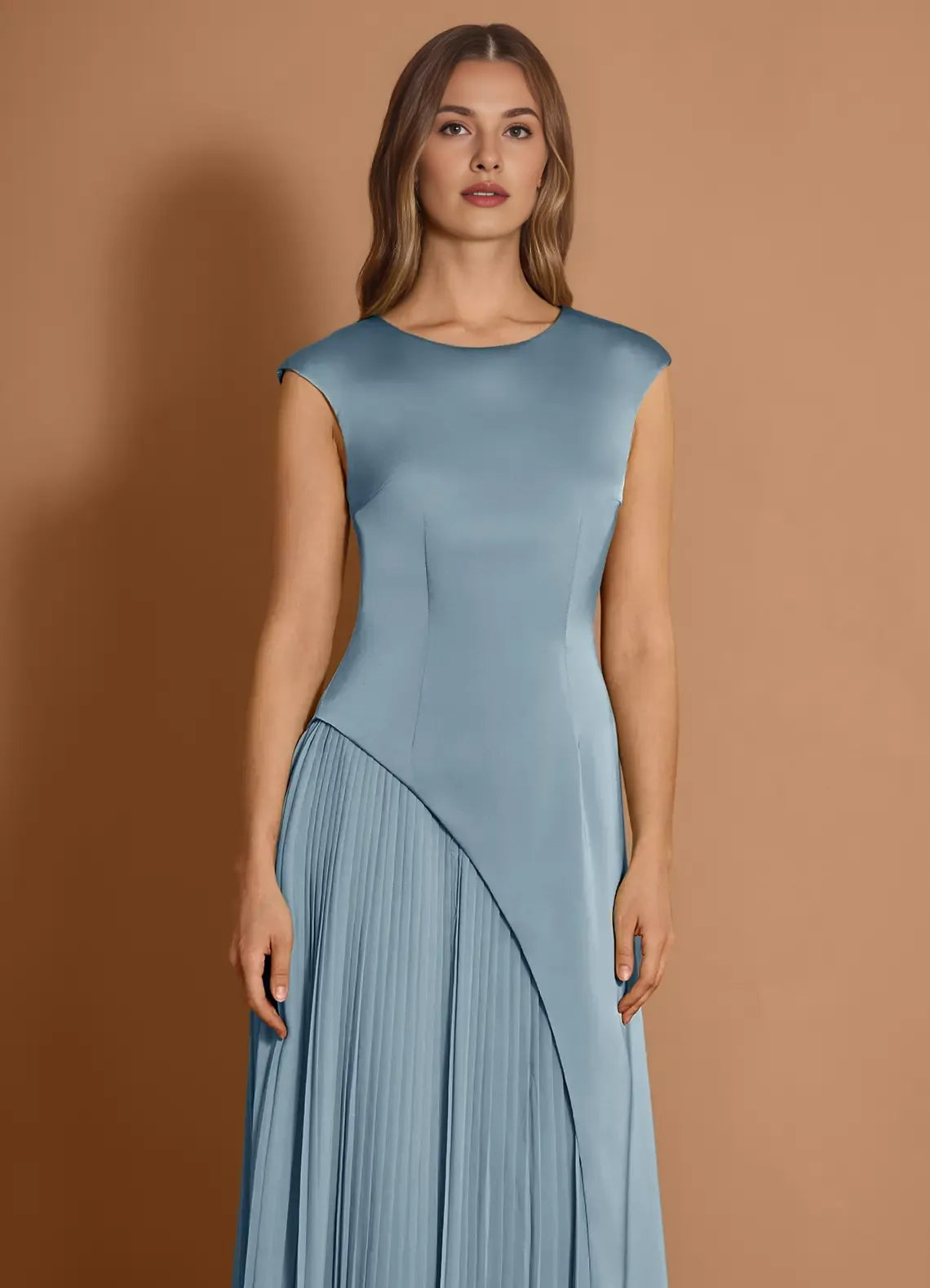Casual Round Neck Chiffon Satin Powder Blue Maxi Evening Dress