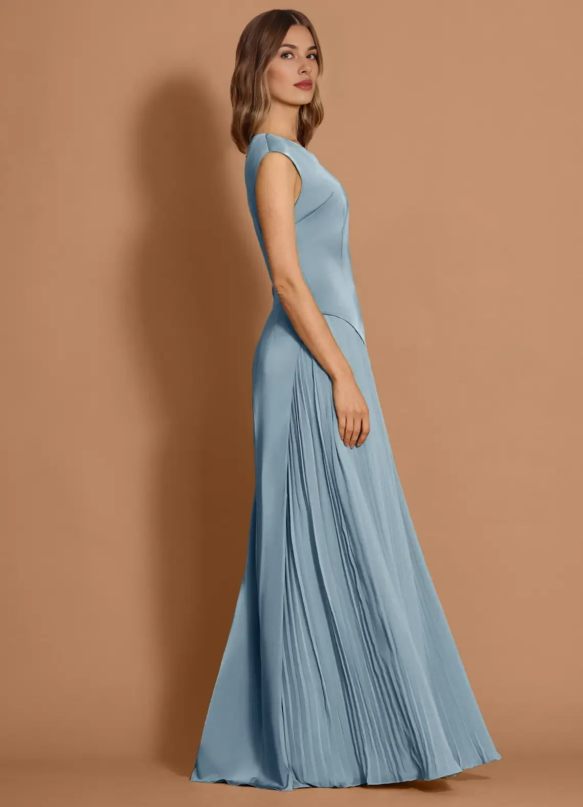 Casual Round Neck Chiffon Satin Powder Blue Maxi Evening Dress