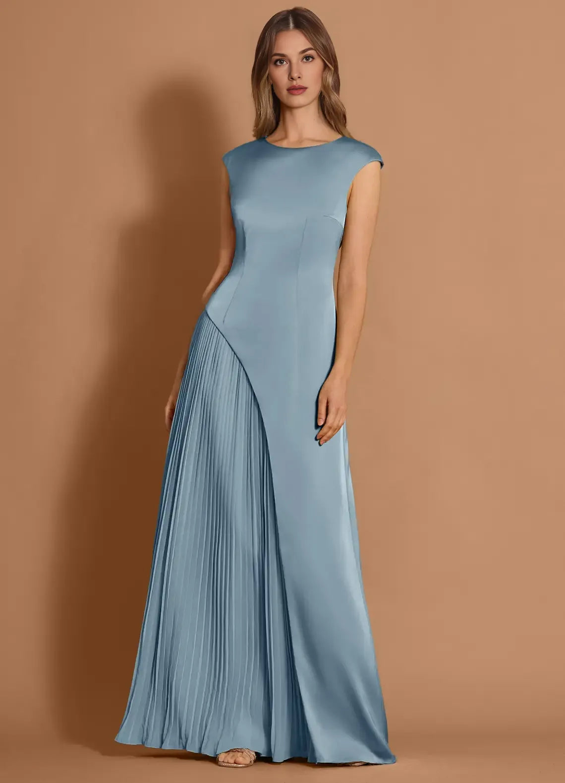 Casual Round Neck Chiffon Satin Powder Blue Maxi Evening Dress