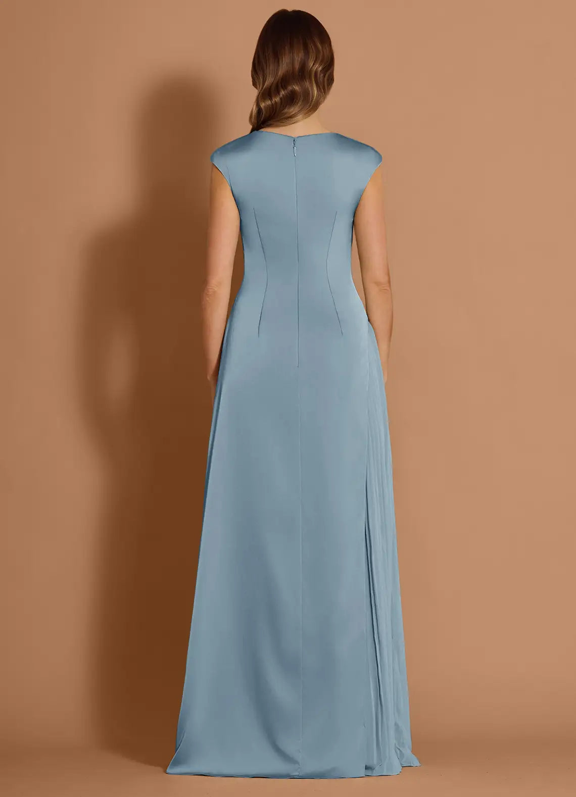 Casual Round Neck Chiffon Satin Powder Blue Maxi Evening Dress