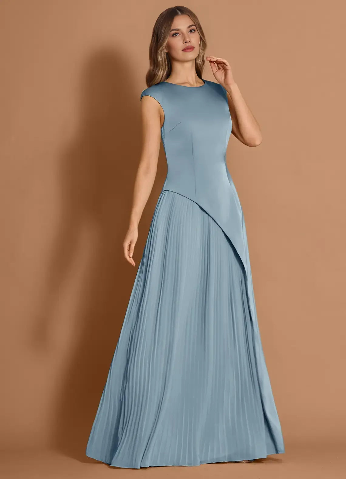 Casual Round Neck Chiffon Satin Powder Blue Maxi Evening Dress