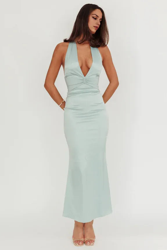 Casual Sexy Halter Neck Pleated Bodice Sage Maxi Homecoming Dress Prom Dress