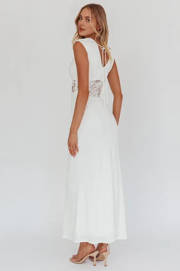 Casual Sheer Lace Waist White Maxi Homecoming Dress Prom Dress Hot Sale