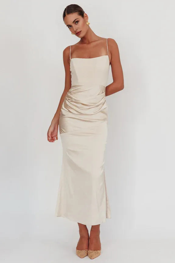 Casual Spaghetti Straps Draped Waist Satin Champagne Maxi Evening Dress
