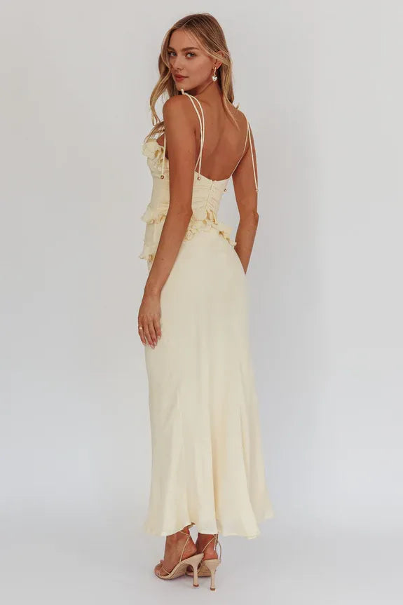 Casual Spaghetti Straps Frill Trim Yellow Maxi Homecoming Dress Prom Dress
