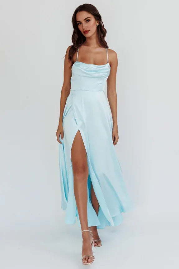 Casual Spaghetti Straps Gathered Bust Split Satin Mint Maxi Evening Dress