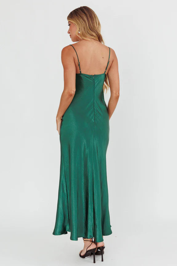 Casual Spaghetti Straps Lace Bust Satin Forest Green Midi Evening Dress