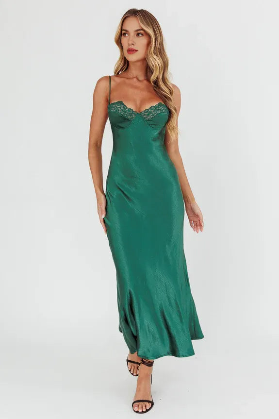 Casual Spaghetti Straps Lace Bust Satin Forest Green Midi Evening Dress