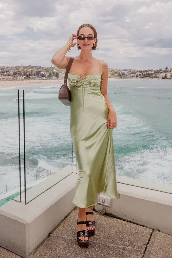 Casual Spaghetti Straps Lace Trim Bust Tie Satin Lime Midi Evening Dress