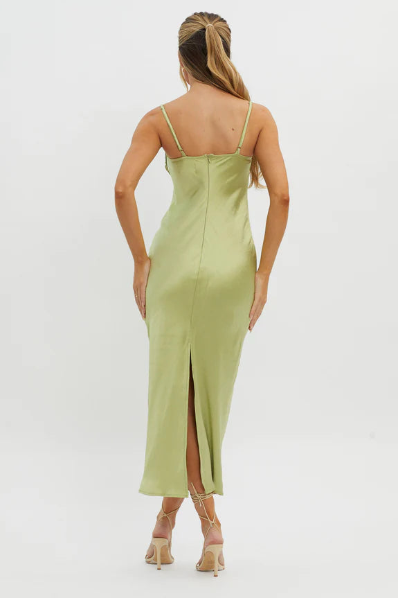 Casual Spaghetti Straps Lace Trim Bust Tie Satin Lime Midi Evening Dress