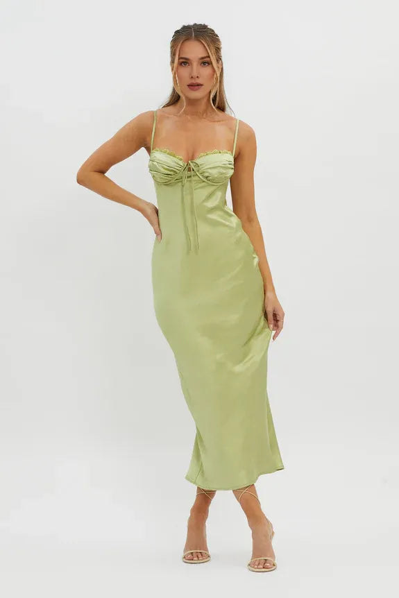 Casual Spaghetti Straps Lace Trim Bust Tie Satin Lime Midi Evening Dress