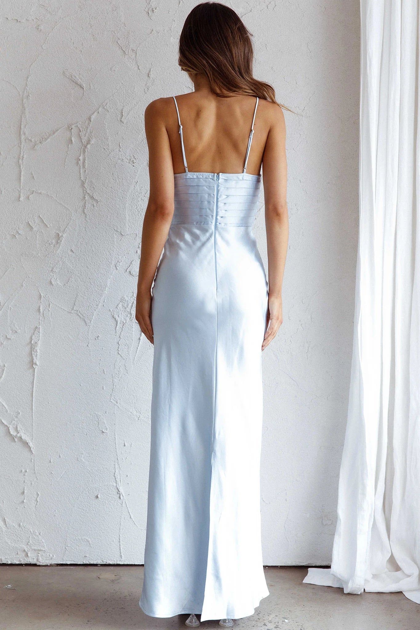 Casual Spaghetti Straps Pintuck Bodice Steel Blue Maxi Evening Dress