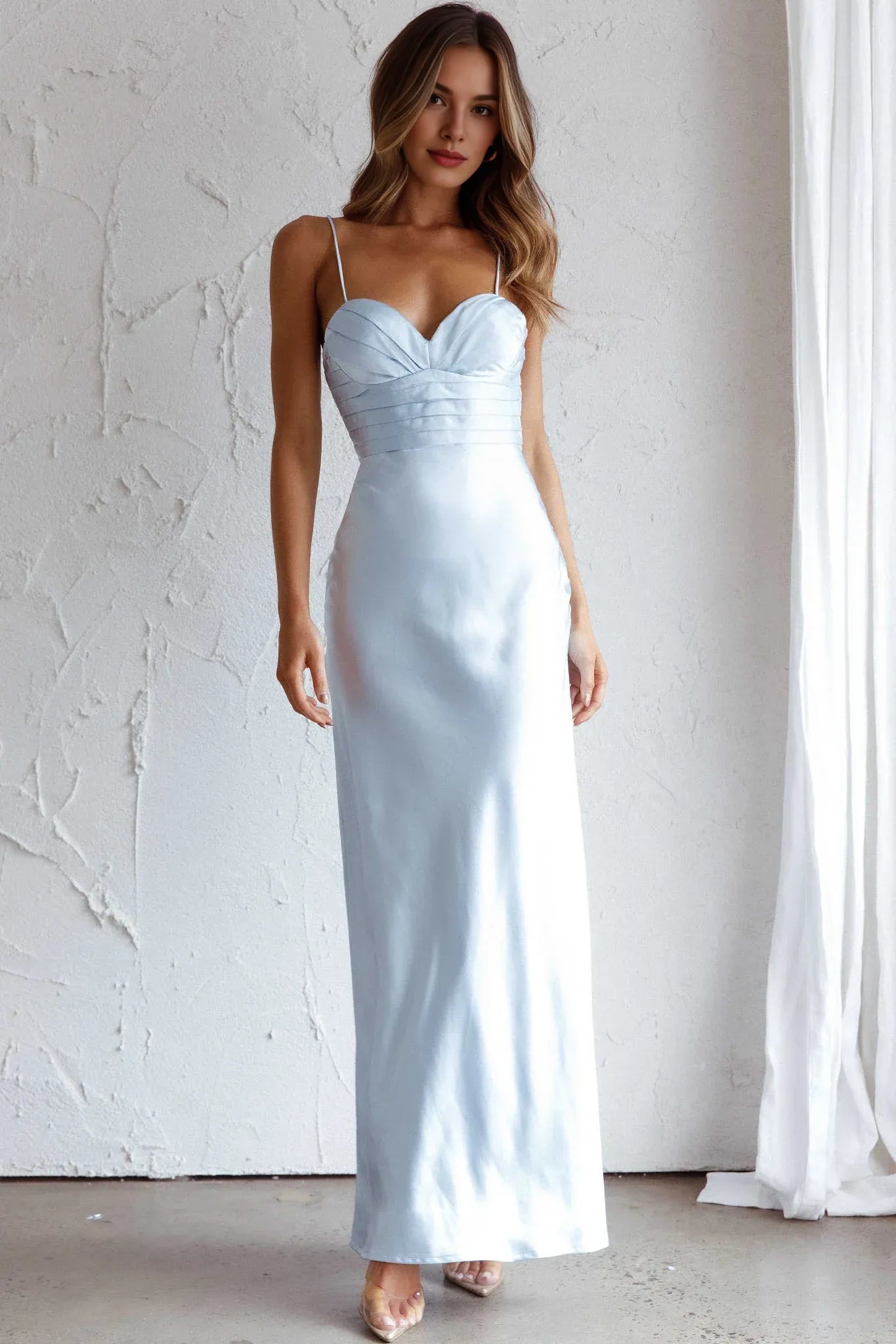 Casual Spaghetti Straps Pintuck Bodice Steel Blue Maxi Evening Dress