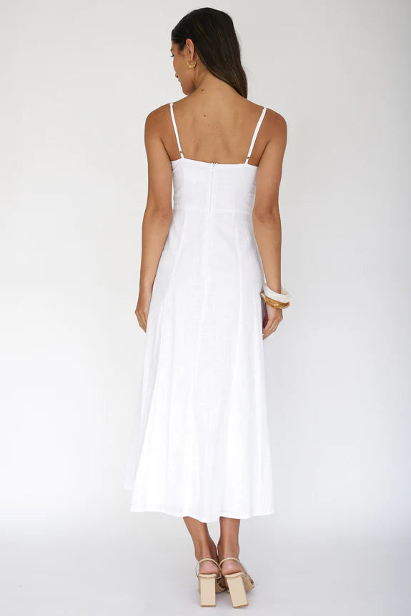 Casual Spaghetti Straps Pintuck Pleat White Midi Evening Dress For Women