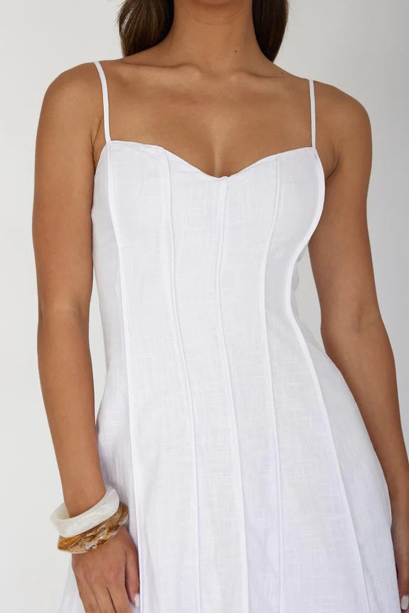 Casual Spaghetti Straps Pintuck Pleat White Midi Evening Dress For Women