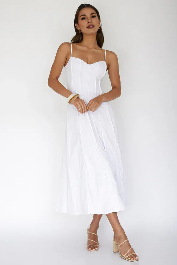 Casual Spaghetti Straps Pintuck Pleat White Midi Evening Dress For Women