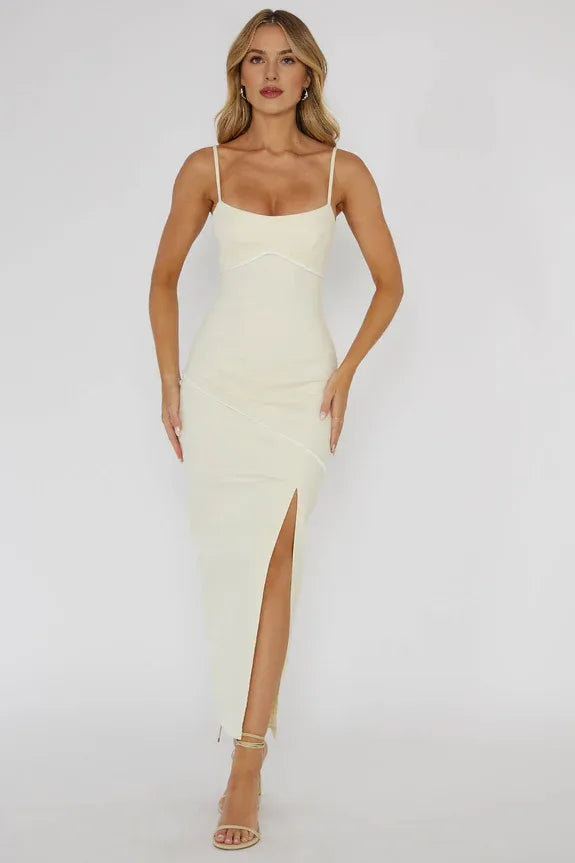 Casual Spaghetti Straps Piping Trim Butter Midi Evening Dress With Side Slit
