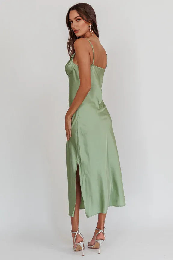 Casual Spaghetti Straps Pleated Bust Split Sage Midi Evening Dress