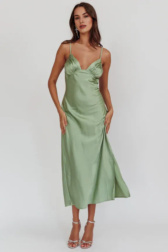 Casual Spaghetti Straps Pleated Bust Split Sage Midi Evening Dress