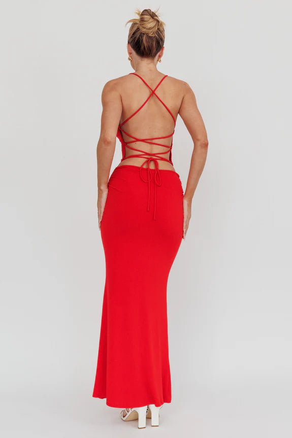 Casual Spaghetti Straps Rosette Cross-strap Back Cherry Maxi Evening Dress
