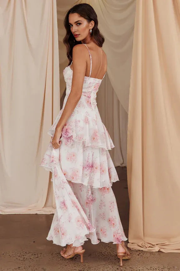 Casual Spaghetti Straps Tiered Layer Floral Blush Midi Evening Dress