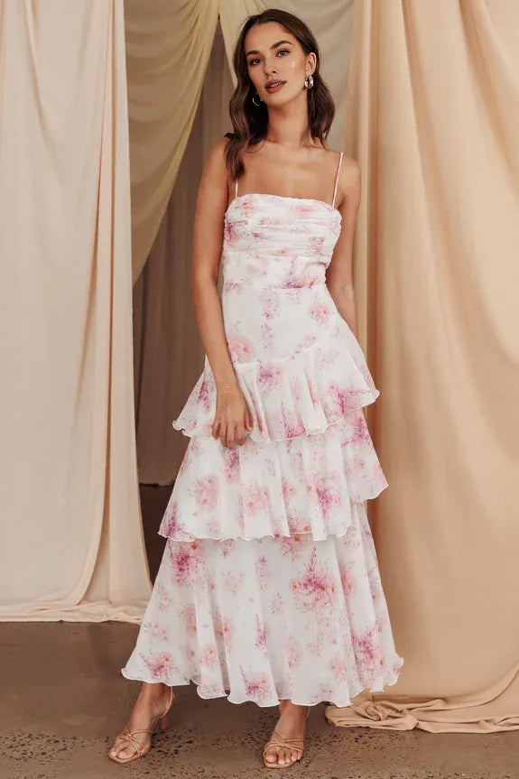 Casual Spaghetti Straps Tiered Layer Floral Blush Midi Evening Dress