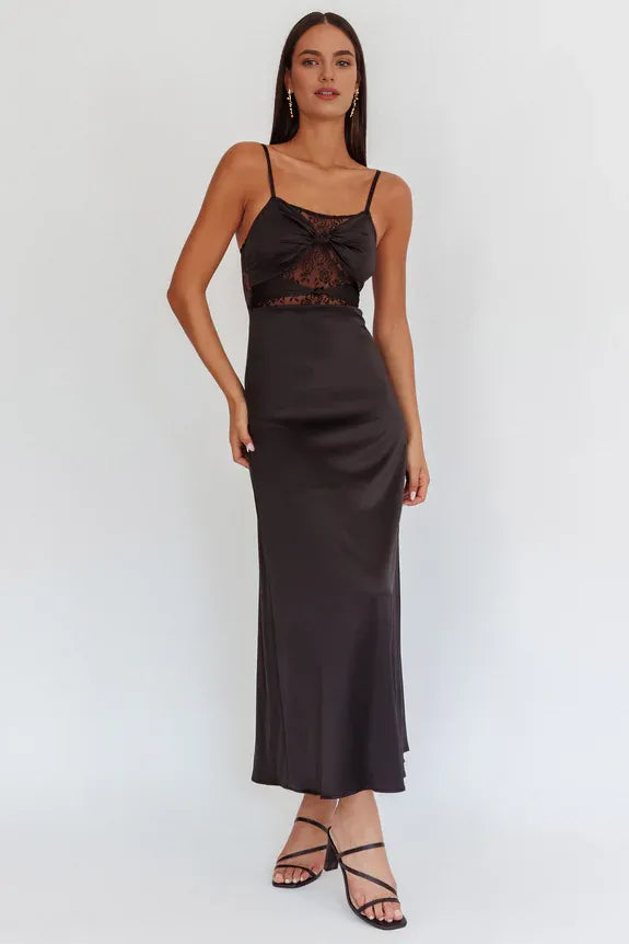Casual Spaghetti Straps Twist Bust Sheer Lace Black Maxi Homecoming Dress